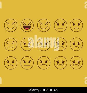 A colorful graphic illustration featuring a collection of 16 emoticons displaying a range of emotions, from happiness to sadness. Stock Vector
