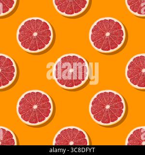 Seamless pattern of colorful grapefruit slices on orange background. Bright citrus food background. Creative fruits candy concept.  Stock Photo