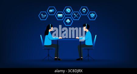 Customer support representative sitting at desk wearing headset, providing assistance via phone call. The concept represents professional call center Stock Vector