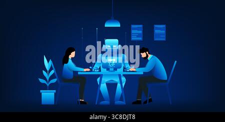 A diverse team of professionals sitting at a meeting table collaborating with an AI robot assistant, symbolizing AI integration in modern workplace an Stock Vector