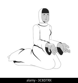 Muslim woman in hijab and modest dress kneeling with hands open 2D line character Stock Vector