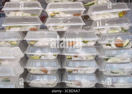 Stack of plastic containers with prepared meals. Stock Photo