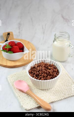 Rice Crispy Chocolate on White Bowl, Copy Space for Text Stock Photo