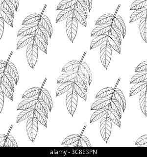 Seamless pattern of walnut leaves, all objects hand-drawn in ink and translated into vector. The illustration is suitable for printing on fabric Stock Vector