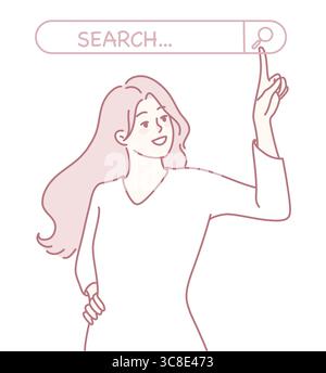 A stylish illustration depicts a woman using a search bar, symbolizing her journey of online discovery Stock Vector