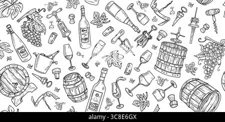 Background banner with set of wine themed vector icons with hand drawn doodle illustrations Stock Vector