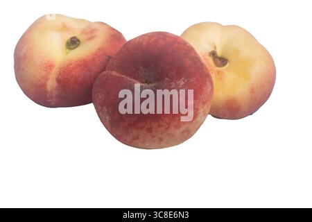 Peaches. Fresh peach with green leaf isolated on white background. Peach in a cut, Stock Photo