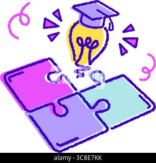 playful education illustration, creative light bulb with mortarboard and puzzle graduation concept flat outline hand drawn rough Stock Vector