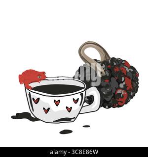 Black coffee cup, red frog, and red painted warty gourd Halloween composition. Vector isolated illustration. Stock Vector