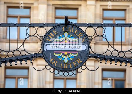 A sign at Temple Court, located in The Cavern Quarter in the city of Liverpool, UK. Stock Photo