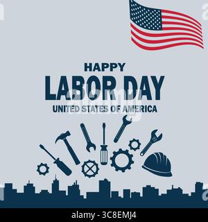A flat vector illustration celebrating Labor Day in the United States of America. The image features a waving American flag . Stock Vector