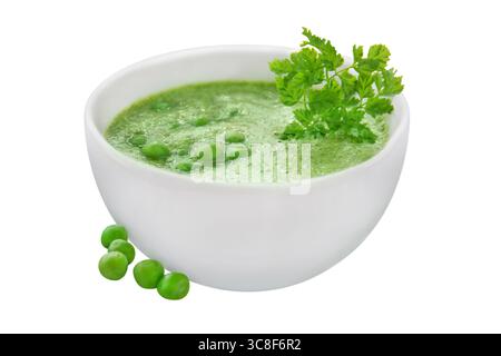 Pea soup and bowl isolated on white background Stock Photo