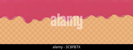 Vivid illustration of a pink liquid glaze dripping over a waffle pattern surface, evoking a sweet and playful ice cream or dessert theme. 3D vector ba Stock Vector