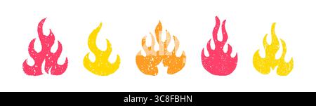 Five colorful flames hand drawn with crayon. Illustrations with rough edges in vibrant hues of red, orange, and yellow combined with grunge textures. Stock Vector