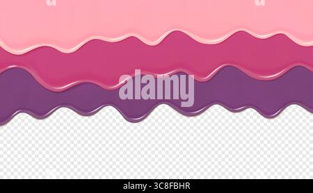 Vivid and flowing paint drips in gradients of pink and purple, creating vibrant layers with a transparent background. A perfect concept for abstract a Stock Vector