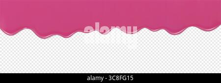Dripping strawberry frosting or melting Ice cream. Pink fluid drips creating an artistic contrast against a transparent backdrop. 3D realistic vector Stock Vector