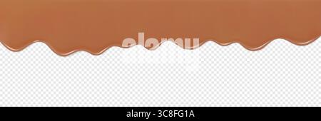 Realistic dripping chocolate or caramel glaze create a sweet, glossy texture. Background of flowing melting syrup for bakery or confectionery visuals. Stock Vector