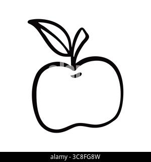 Minimalistic black-and-white line art representing an apple with two leaves attached to its stem. Vector illustration isolated on a white background. Stock Vector