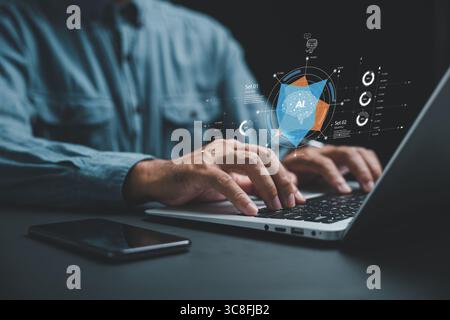AI helps generate business with intelligent automation and a BPA system while a businessman at his desk uses a laptop to give instructions to the AI, Stock Photo