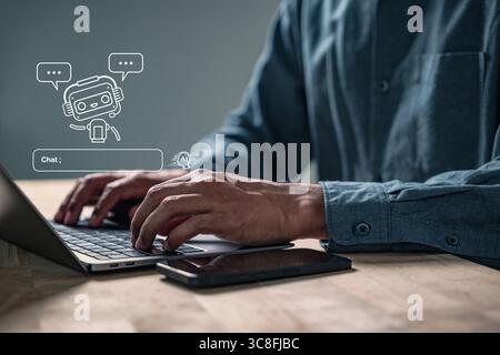 AI helps generate content using a prompt chatbot, shown as a virtual assistant on a computer, with a man working in digital creative fields using the Stock Photo