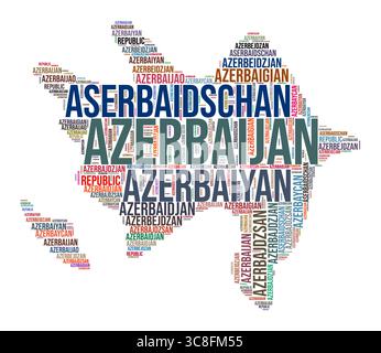 Azerbaijan country shape word cloud. Typography style country illustration. Azerbaijan image in text cloud style. Vector illustration. Stock Vector