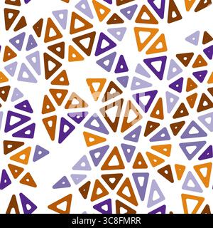 Pattern of triangle shapes. Compact triangles size. Multiple colors style. Rounded triangular cells outlined. Repeatable pattern. Stock Vector