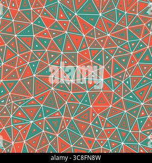Mosaic triangles shapes background. Compact shape size. Multiple repeated inner triangles. Multicolored style. Repeatable pattern. Stock Vector