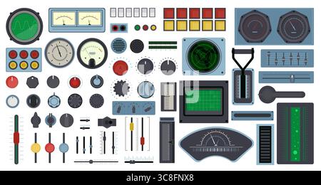 Retro control panel elements. Spaceship buttons, screens and dials, vintage analog dashboard isolated indicators and scales, speed interface and radar Stock Vector