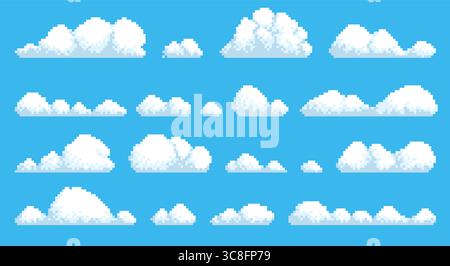 Pixel clouds. Retro game graphic asset, 8 bit landscape design elements, white fluffy objects, blue sky background. Cumulus cloudy shapes different Stock Vector
