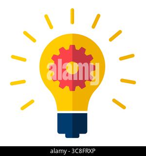 Innovation Lightbulb with Gear Icon. A lightbulb with a red gear symbol in the center, symbolizing innovation, technology and engineering ideas. Stock Vector