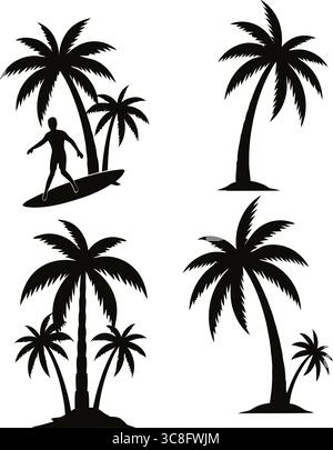 This dynamic illustration features a collection of black silhouettes depicting a surfer and various palm trees. Stock Vector