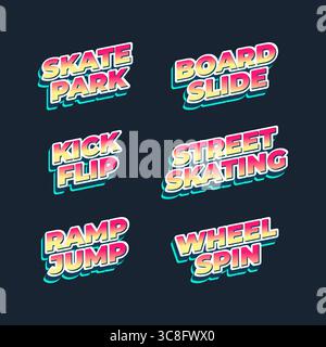 Colorful skate typography set featuring tricks and street styles with bold retro comic lettering Stock Vector