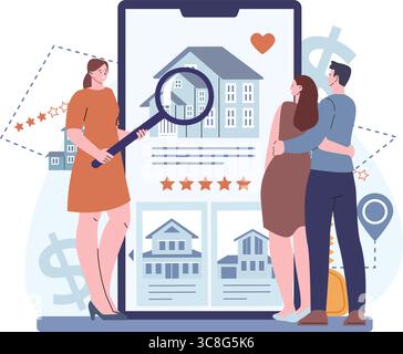Realtor shows home to new clients. Couple chooses to rent or buy online. Virtual tour of real estate market. Realty estate digital, vector concept Stock Vector