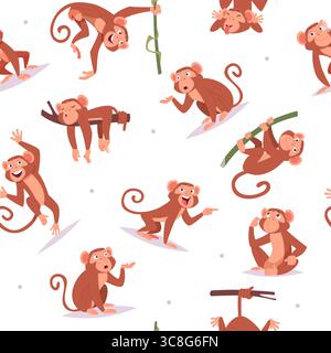 Monkey pattern. seamless background with jungle monkeys in action poses Stock Vector