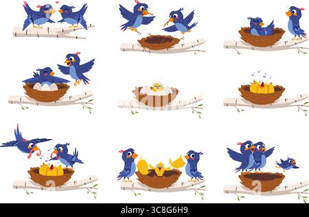 Birds family. Mother bird feeding little chicks exact vector wild freedom birds illustration Stock Vector