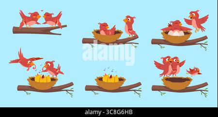 Birds family. Freedom concept characters birds mother father and kids in action poses exact vector pictures Stock Vector