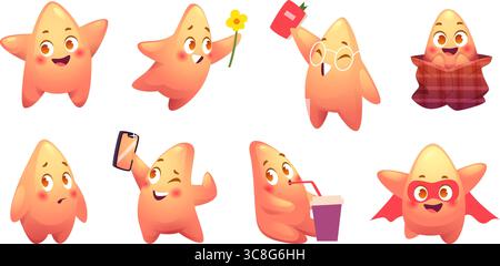 Stars mascot. Cute little stars with different emotion on face expression poses exact vector cartoon illustrations set Stock Vector
