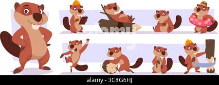 Cartoon beavers. Cute forest animals beavers working on river exact vector templates Stock Vector