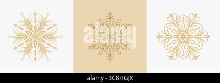 Set of golden Merry Christmas and Happy New Year festive posters with snow flakes. Winter greeting card, tag, banner, stamp, invitation, label design. Stock Vector