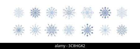 Set of cute blue silver snow flakes on white background. Winter cold, crystal ice, frozen concept. Line snowflakes hand drawn icons. Merry Christmas a Stock Vector
