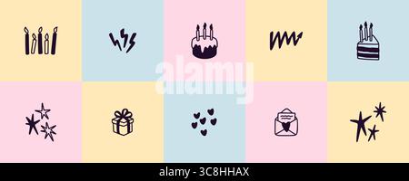 Set of cute hand drawn doodle happy birthday greeting cards, kid party invitations, funny badges, tags, labels, childish posters. Crayon scribbles whi Stock Vector