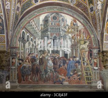Fresco "Construction of the Hospital Walls" by Domenico di Bartolo, 1442–1443, Pilgrim Hall, Santa Maria della Scala, Siena, Italy Stock Photo
