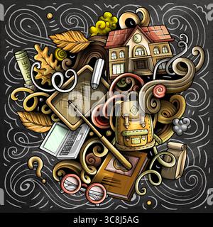 Vector chalkboard illustration of school and education objects, supplies, books, and learning elements in doodle style. Stock Vector