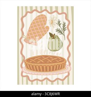 Kitchen vintage striped background with pie and flower in rectangle frame. Cute hand drawn doodle style in brown and green. Ideal for stamp or Stock Vector