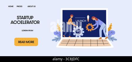 Business team preparing startup launch, assembling gears, rocket on background, teamwork concept. Stock Vector
