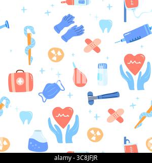 Seamless medical pattern with healthcare symbols: caduceus, first aid kit, heartbeat icon in hands, bandage, medicine container, blood bag, reflex ham Stock Vector