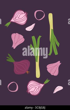 Colorful leeks and onions pattern on dark background. Contemporary minimal vegetable poster with bright colors. Modern vertical design. Stock Vector