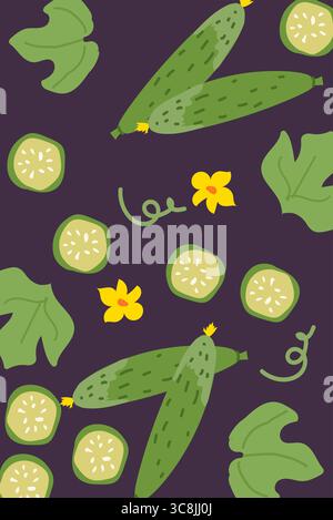 Seamless pattern of cucumbers and leaves on dark background. Contemporary minimal vegetable poster with bright colors. Modern vertical design. Stock Vector