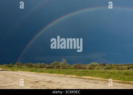 Rainbow over farmland northeast of Omaruru, Erongo Region, Namibia Stock Photo