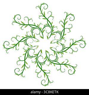 Complex green plant mandala. Intricate curved branches and leaves. . Spring floral round ornament. Luxury fractal design element. Plant vector illustr Stock Vector